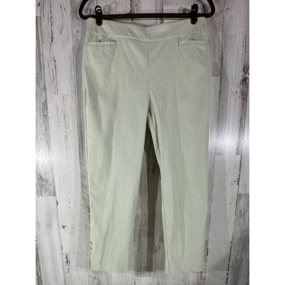 Chicos Green Stripe‎ Cropped Ankle Pants Size 1P (32x24.5) Button Slit Accents